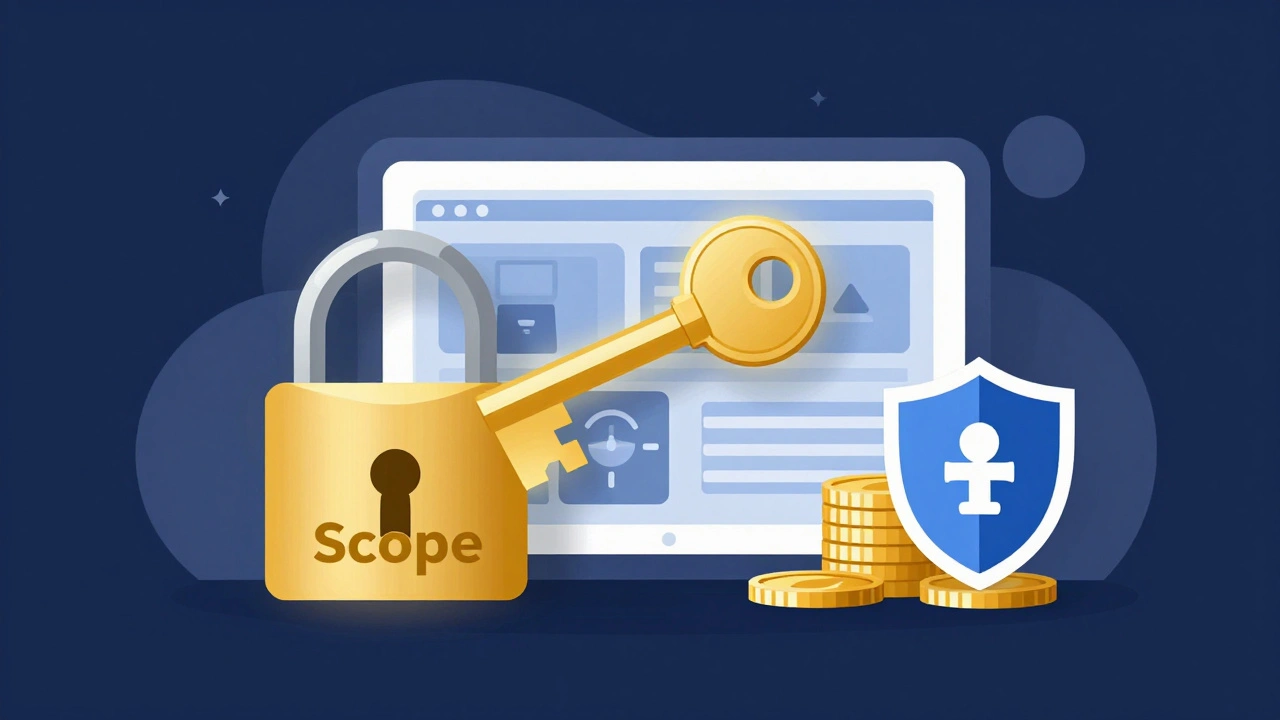 Conceptual illustration of unlocking scope and securing payment with keys and shields