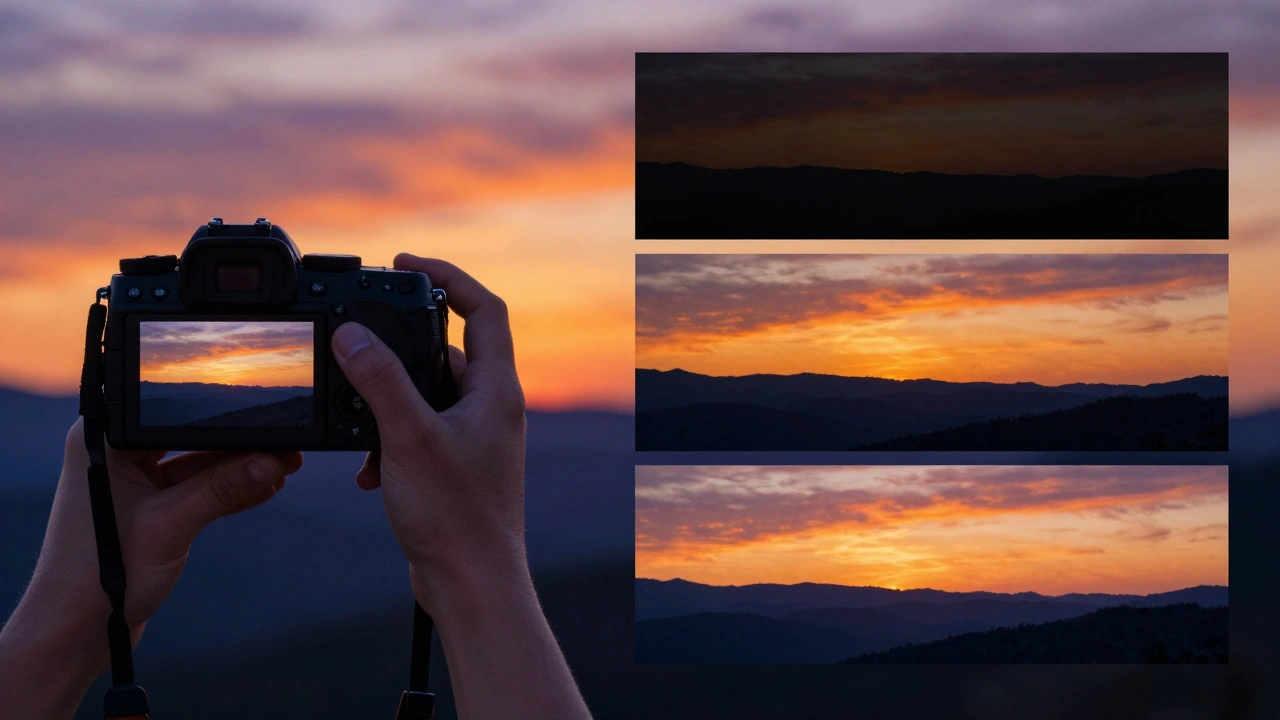 Conceptual split view of photographer and three exposure brackets