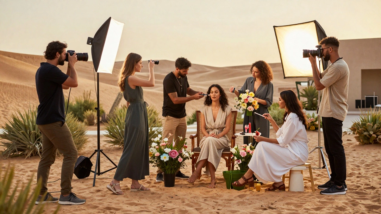 Creative team collaborating during a styled photoshoot in golden light