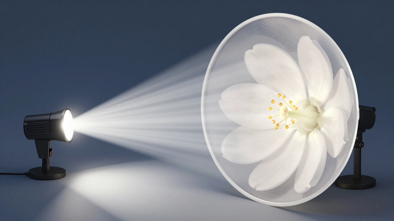 Diagram comparing hard direct flash vs soft diffused light on flower