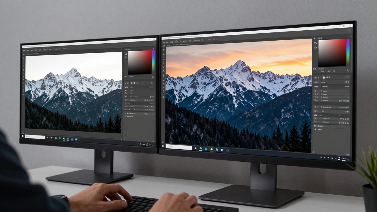 Dual monitors showing manual HDR blending of landscape layers