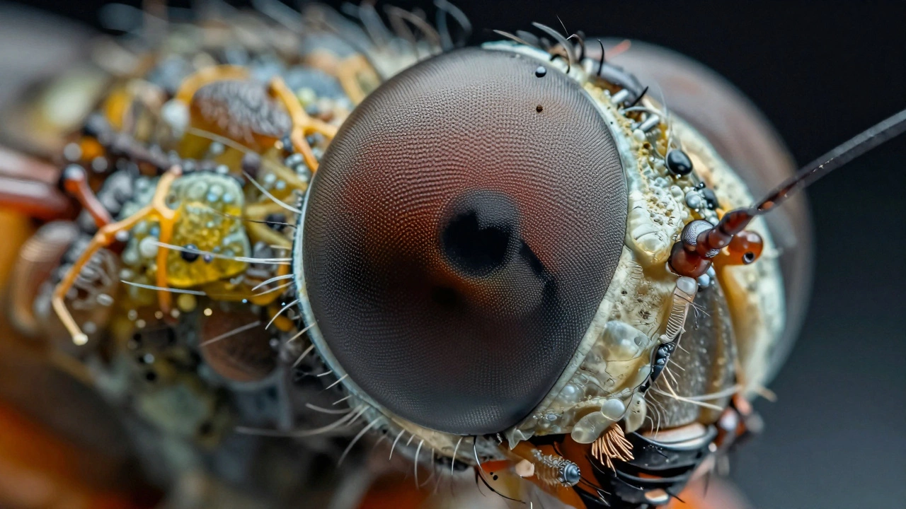 Extreme close-up of an insect eye facet revealing micro-texture