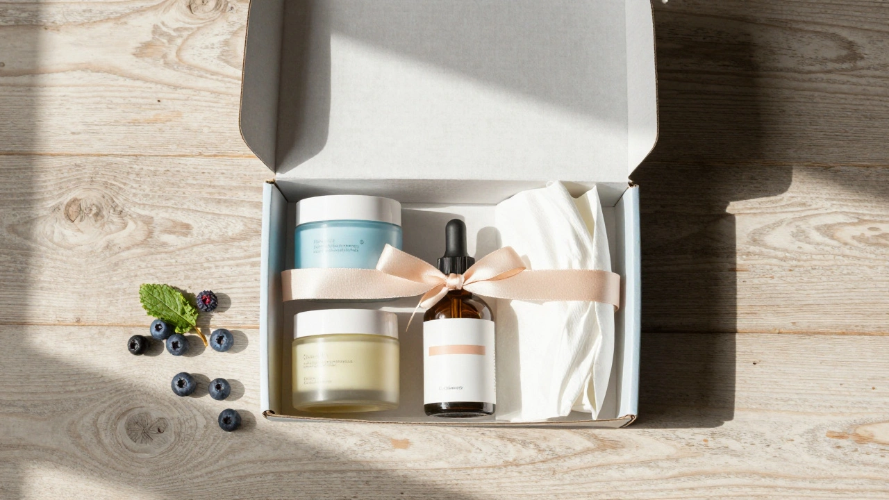 Flat lay of an open subscription box with products on wood