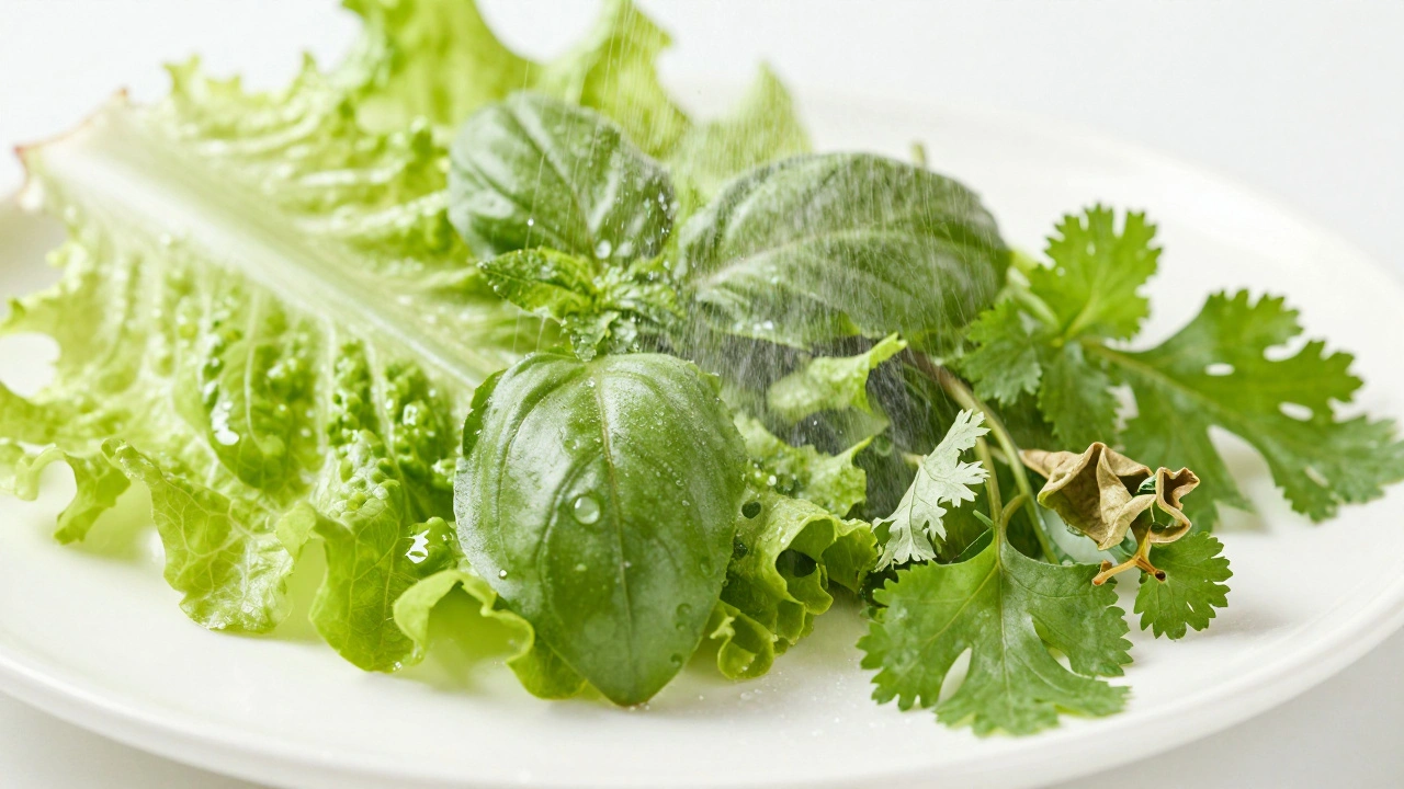 Fresh greens being misted with preservative spray to prevent wilting