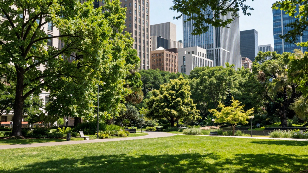 Green city park surrounded by modern skyscrapers
