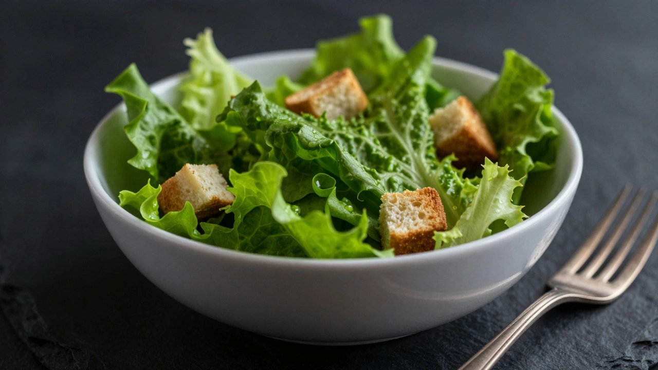 Green salad in white bowl on dark slate background