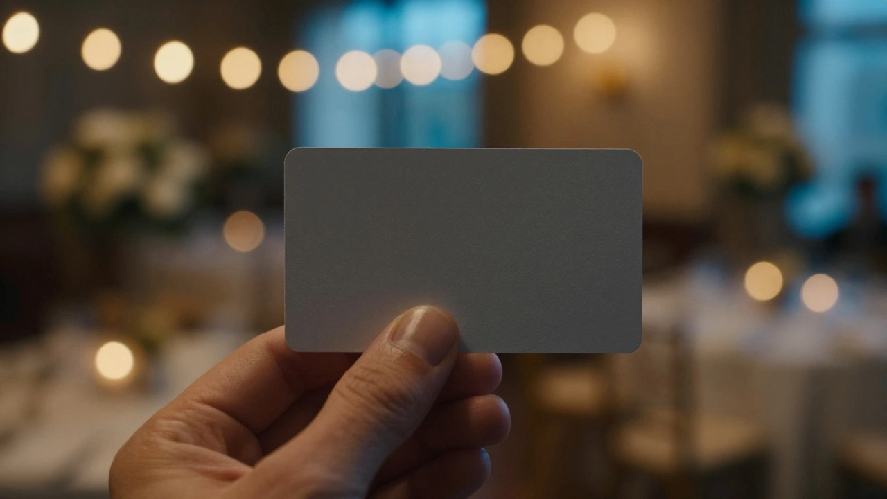 Hand holding gray card against mixed warm and cool wedding lighting