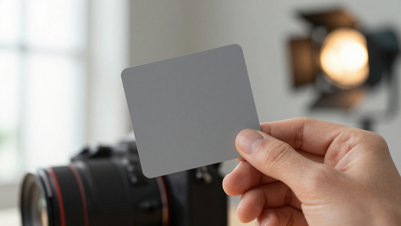 Hand holding gray card for white balance calibration in mixed lighting