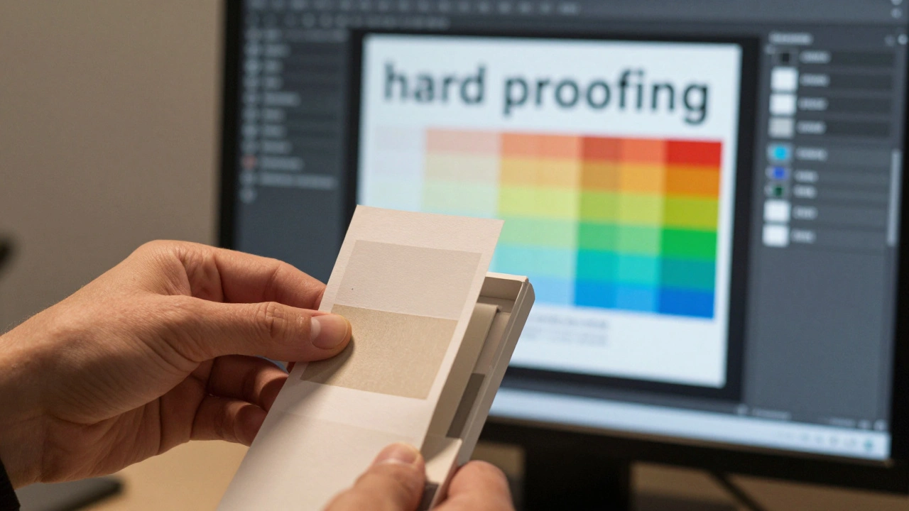 Hand holding test print strip under viewing light