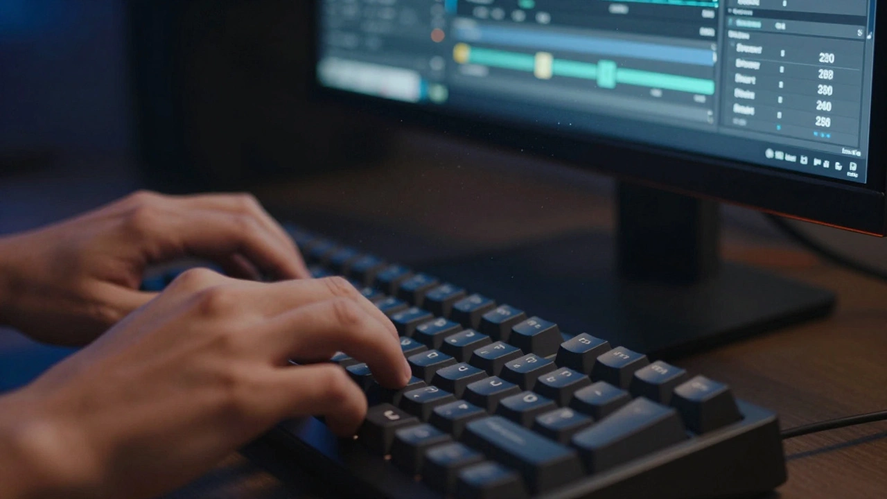 Hands using keyboard shortcuts for photo rating in Lightroom software