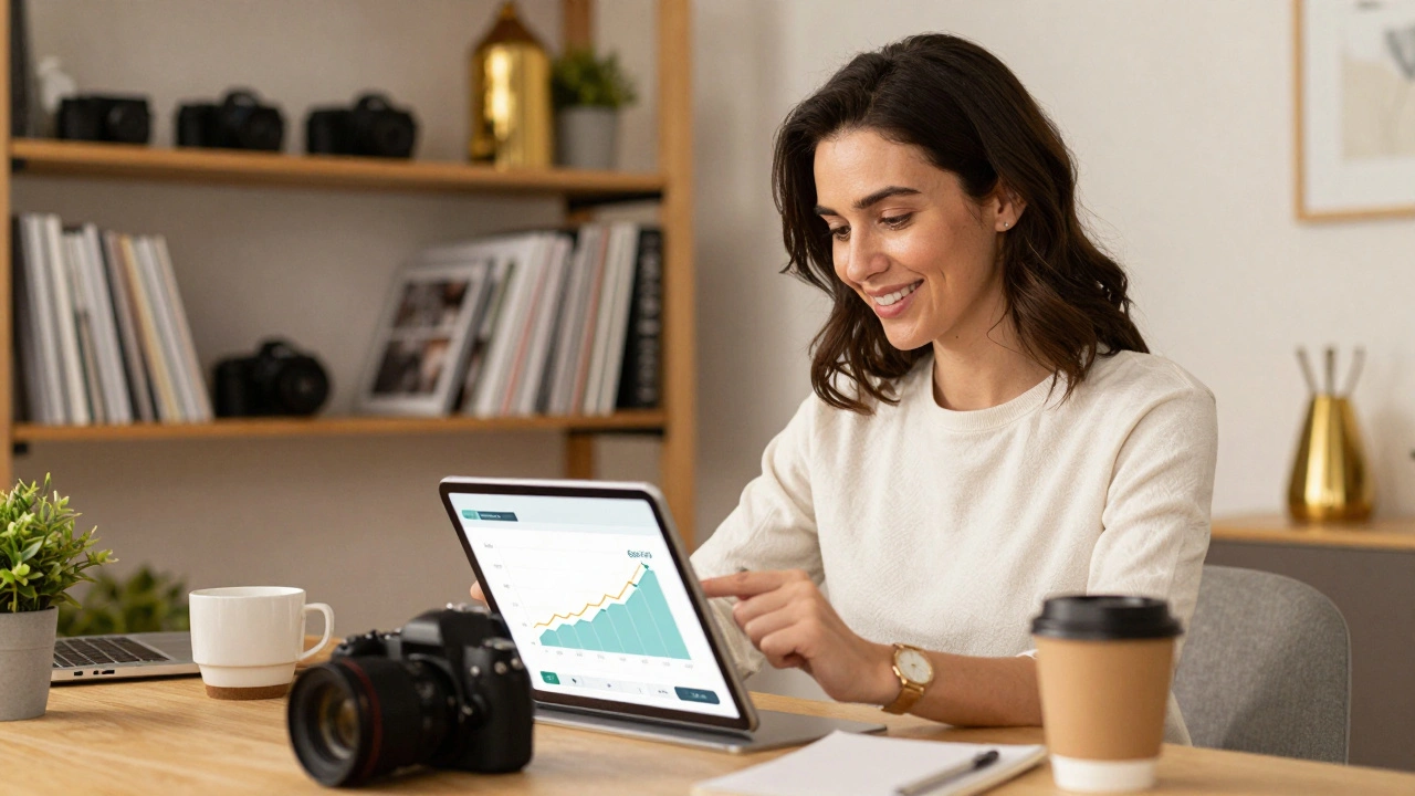 Happy photographer reviewing positive email marketing analytics on a tablet
