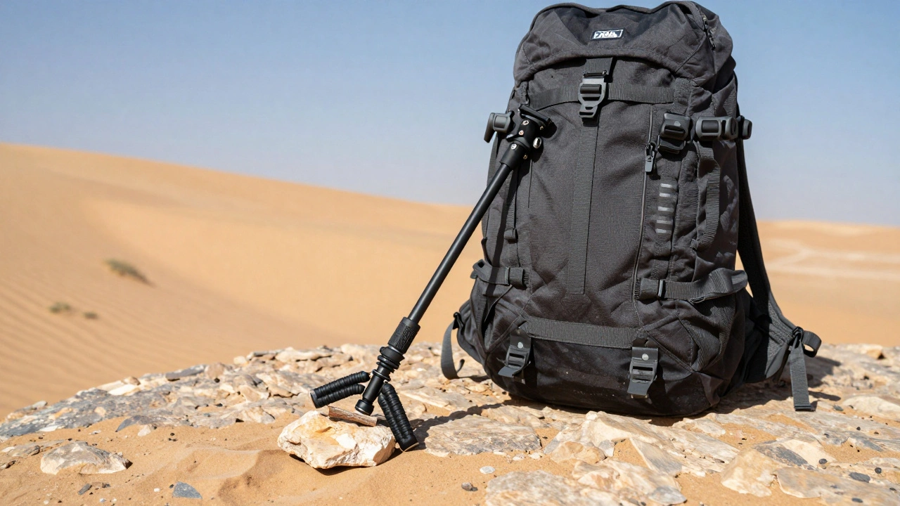 Hybrid stick-tripod tucked in a backpack on desert dunes