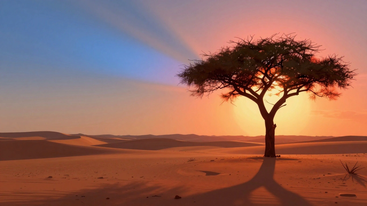 Illustration comparing flat midday light with vibrant, shadow-rich golden hour lighting on a desert tree.