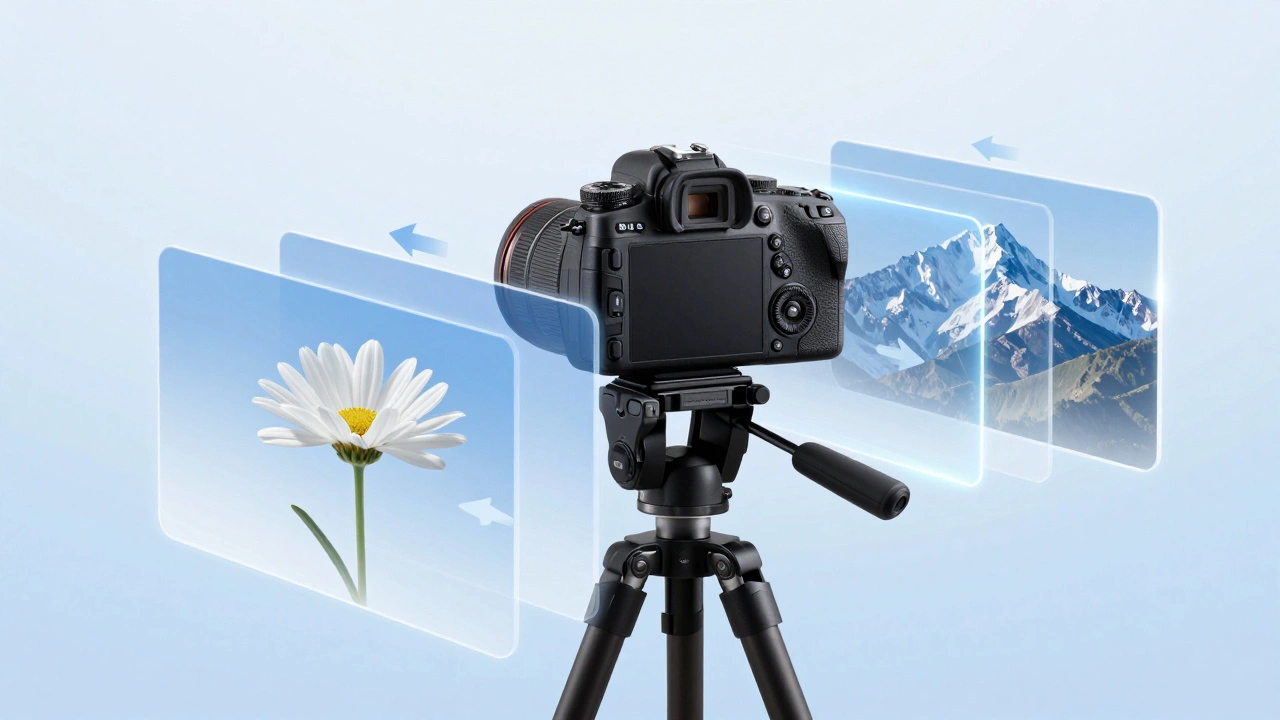 Illustration of camera capturing multiple focus layers for stacking