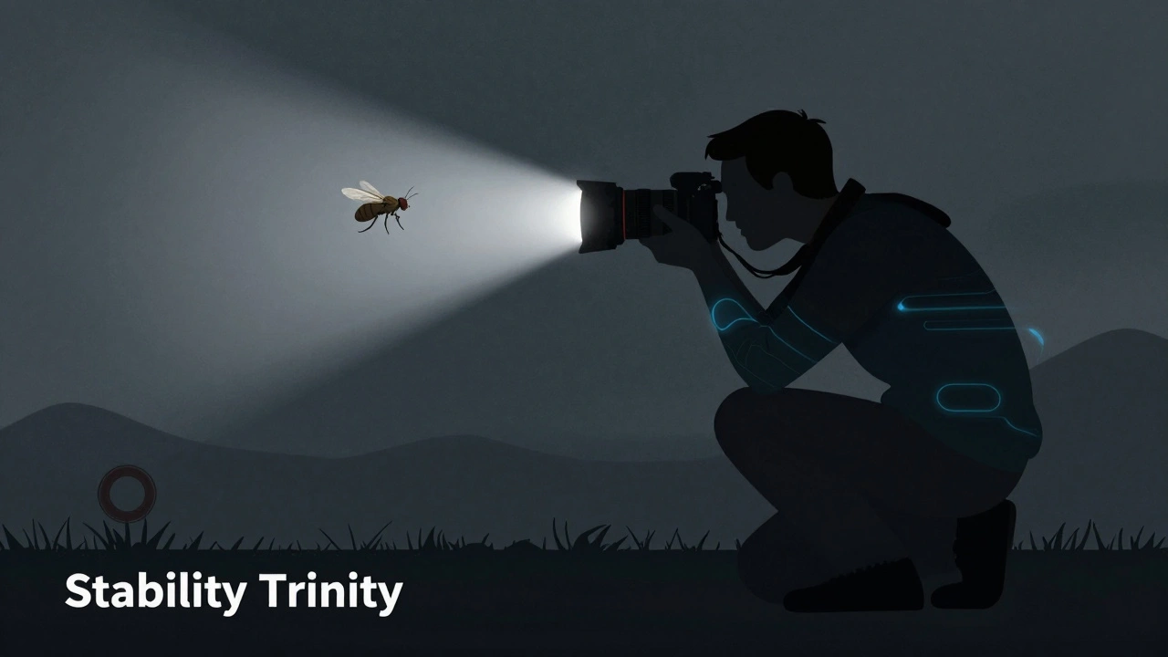 Illustration of photographer stabilizing body with flash freezing insect
