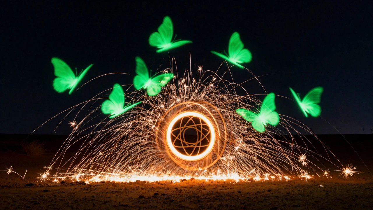 Long exposure photo showing neon butterfly shapes and spark trails in a dark desert landscape.