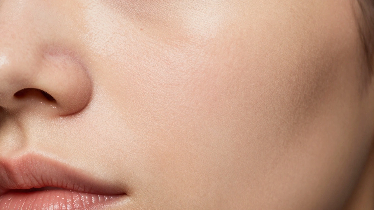 Macro shot of skin showing natural pores versus smoothly retouched texture