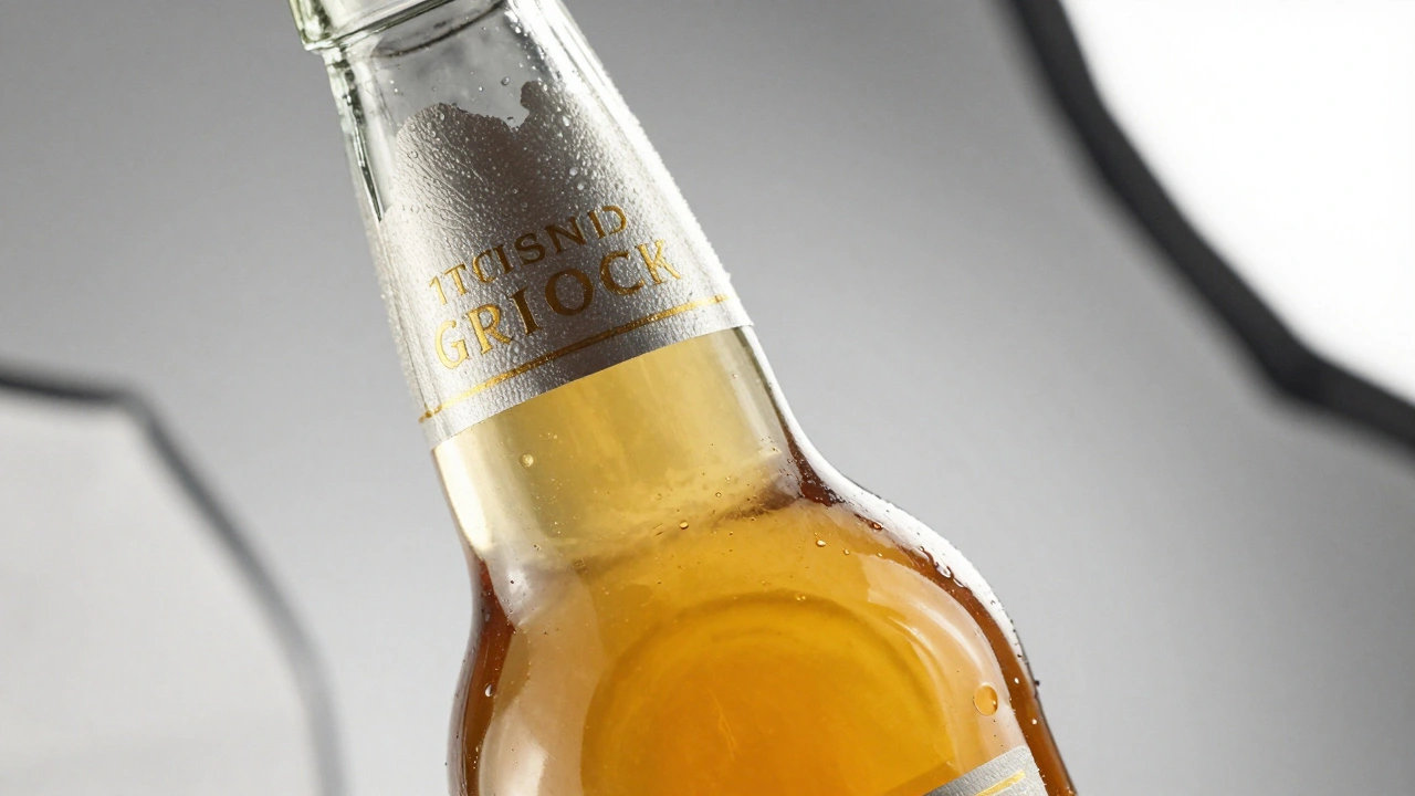 Macro view of a glass bottle with glare-free label lighting