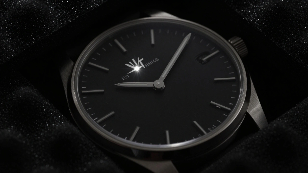 Mechanical watch close-up with pinpoint highlight on logo in dark setting