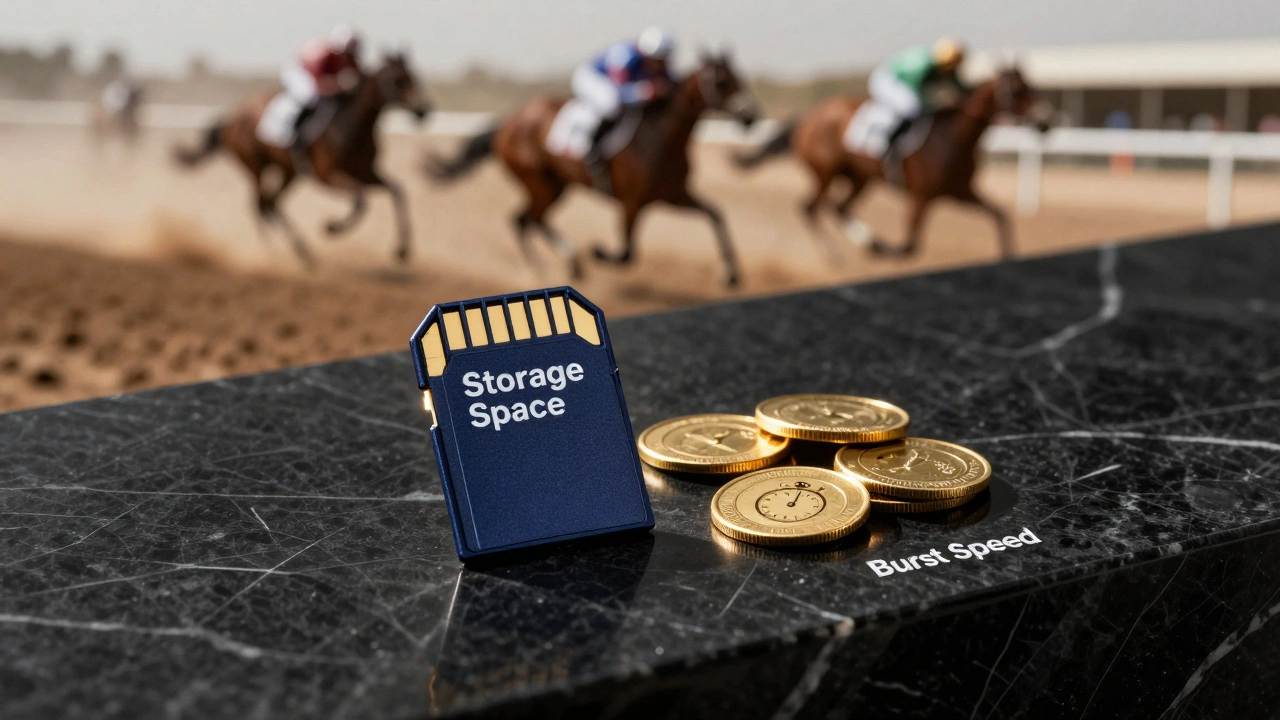 Memory card next to gold coins and stopwatch on black marble
