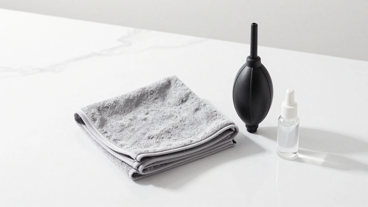 Microfiber cloth, air blower, and cleaner on a white marble surface.