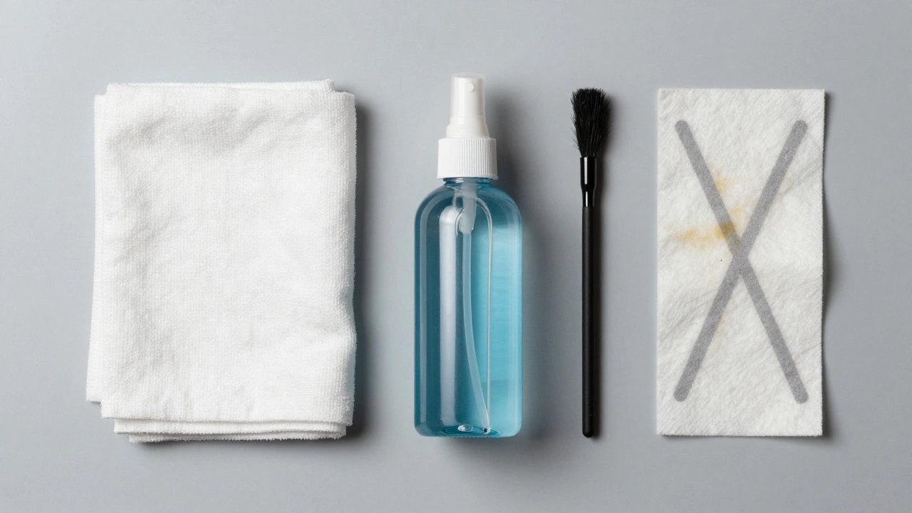 Microfiber cloth and lens cleaner on clean surface