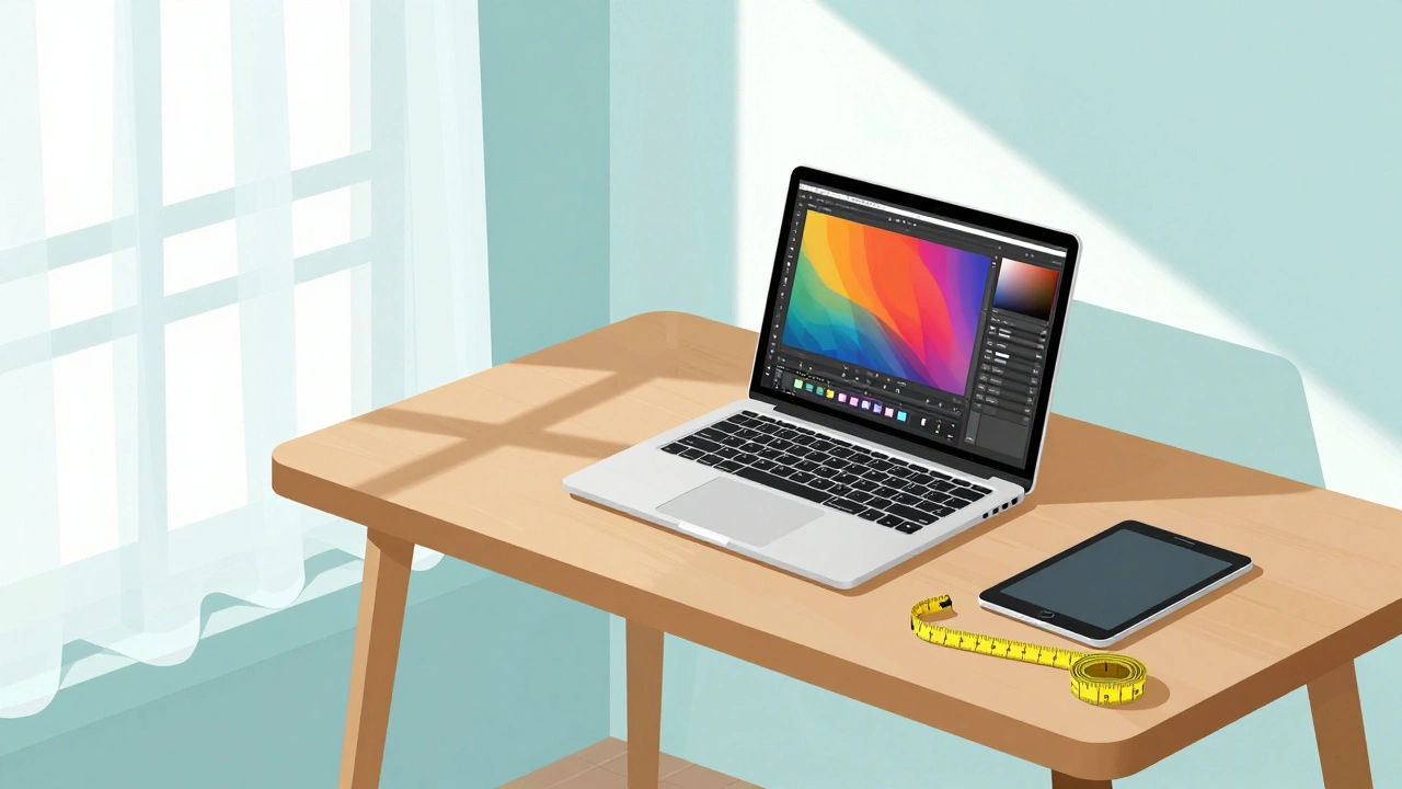 Minimalist home office with laptop and measuring tape for space calculation