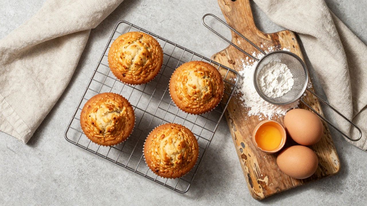 Muffins on cooling rack with baking props overhead