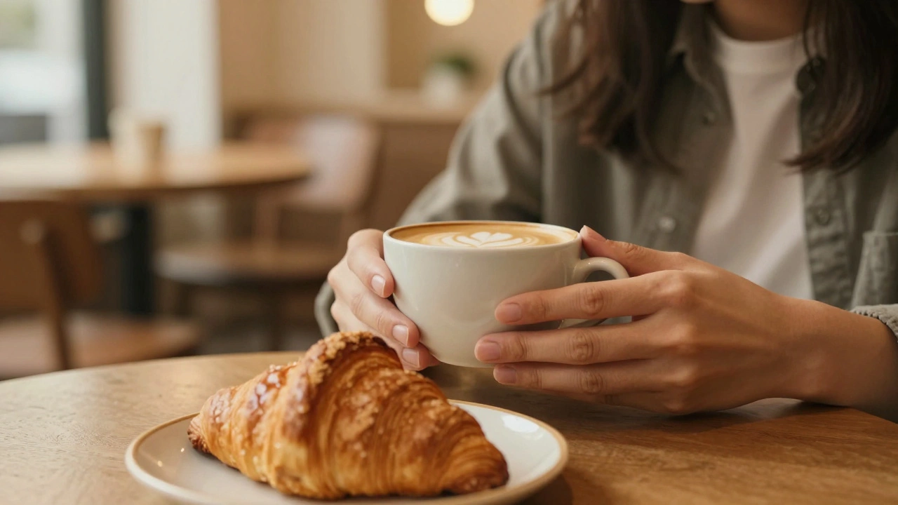Person holding coffee cup with croissant in soft-focus lifestyle setting