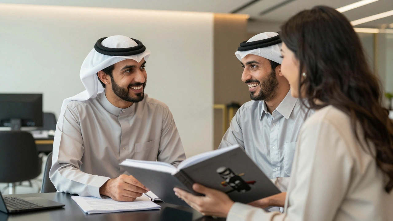 Photographer and wedding planner sharing a portfolio in a modern office