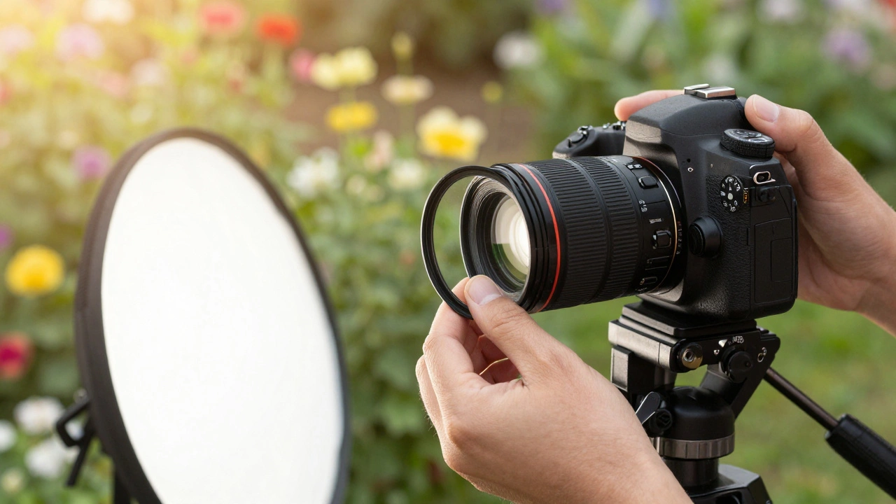 Photographer attaching a close-up filter to a camera lens