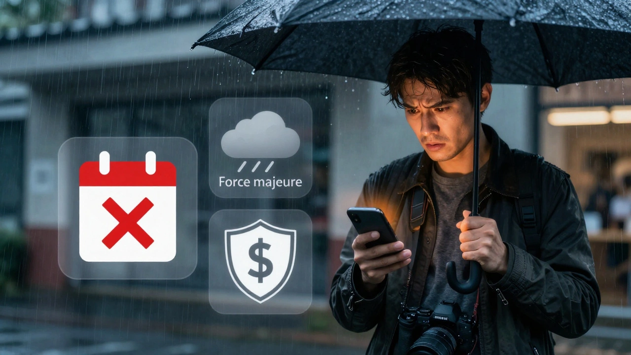 Photographer in rainstorm with overlay icons for cancellation and kill fees