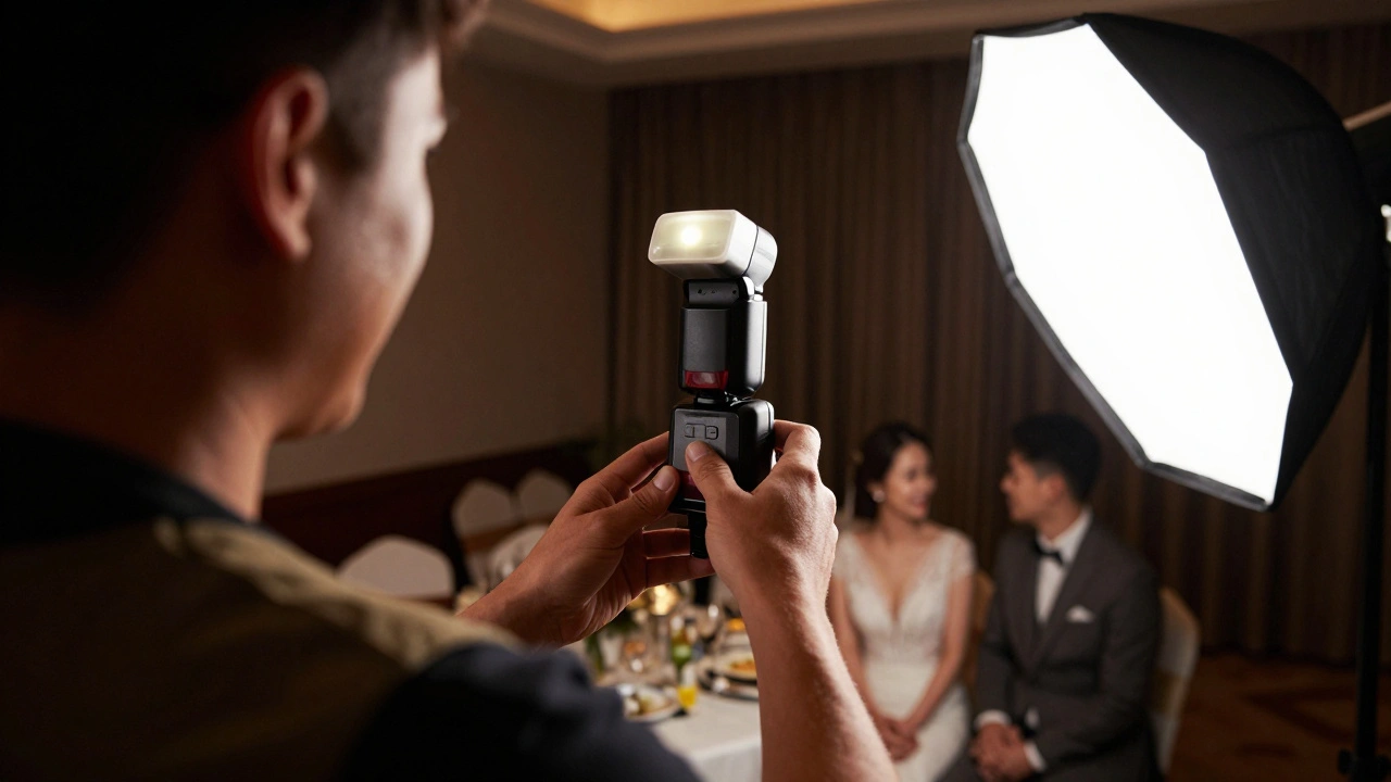 Photographer setting up off-camera flash to light a couple in a dark room.