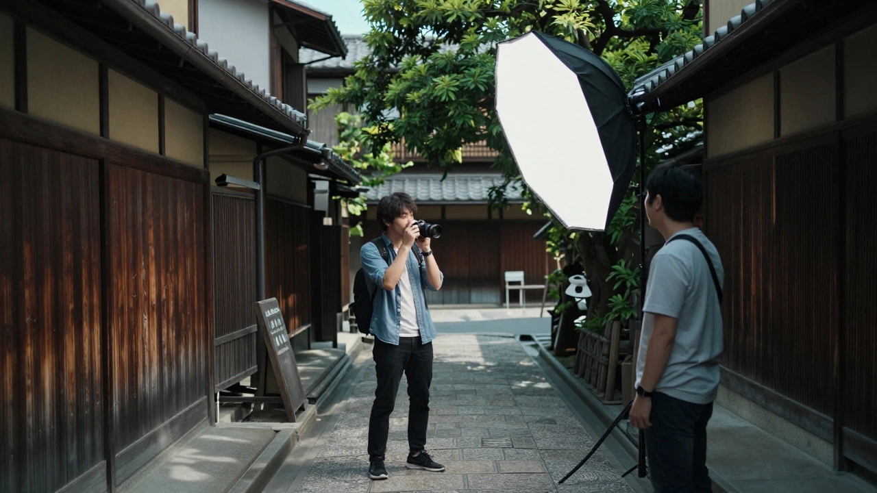 Photographer shooting in open shade in a Kyoto alley