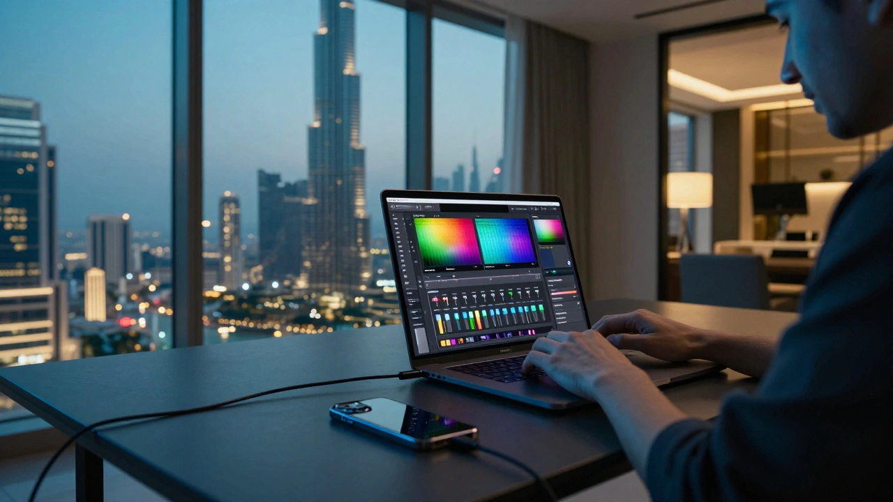 Photographer syncing Lightroom edits between phone and laptop in Dubai
