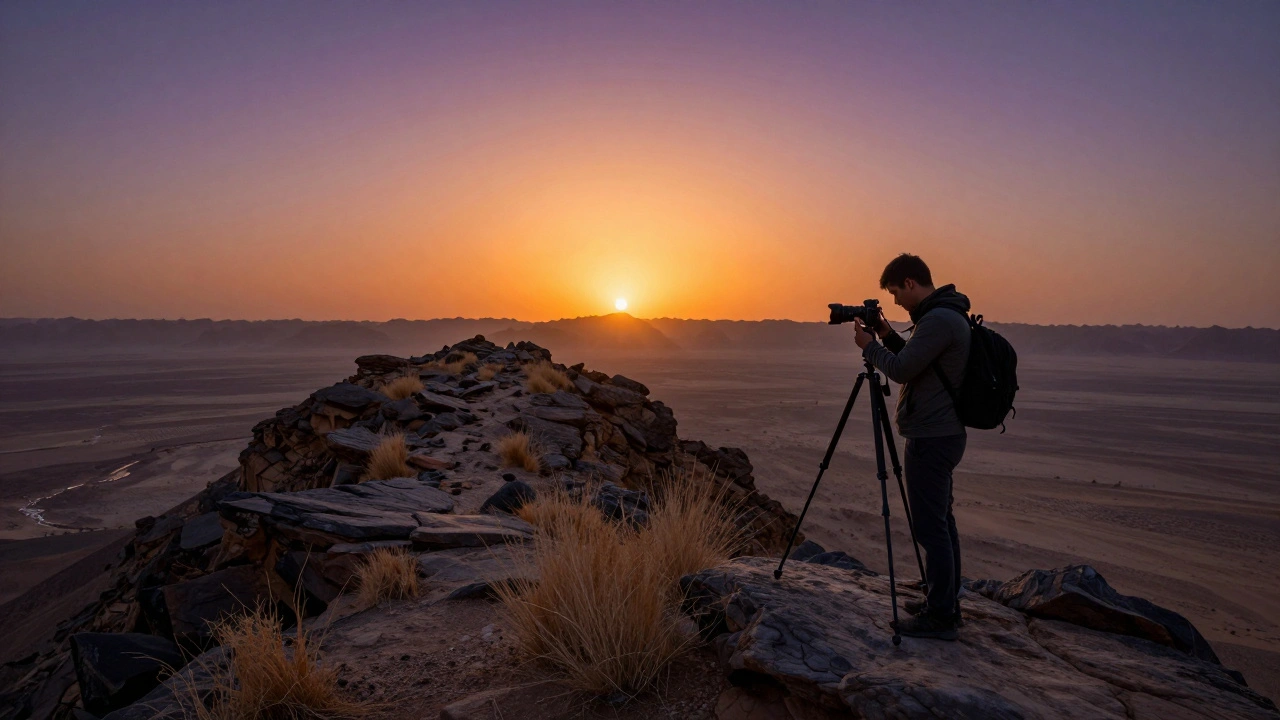 Photographer using a tripod on a cliff edge, capturing rim-lit desert scenery during sunset.