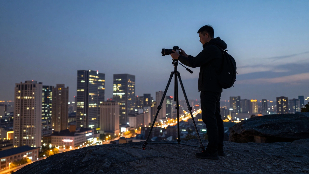 Photographer using lightweight tripod over city skyline