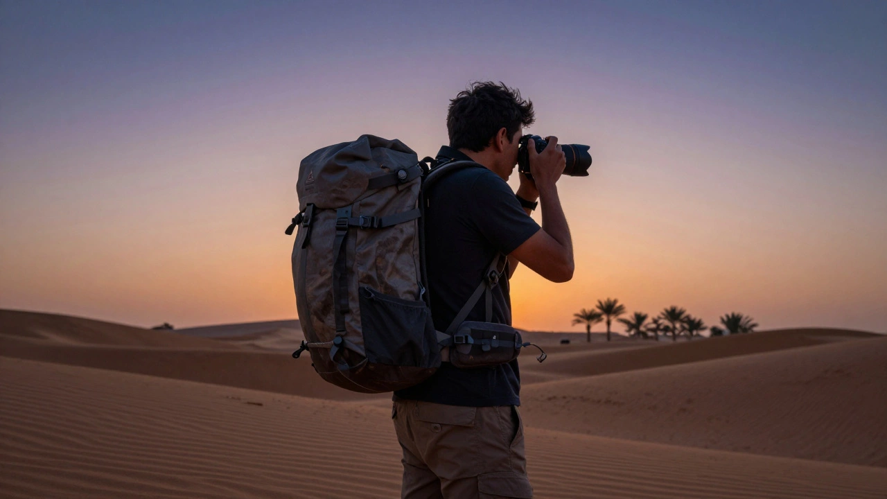 Photographer with backpack on UAE desert dunes at sunset
