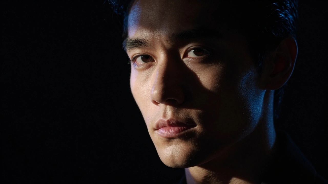 Portrait with dramatic Rembrandt lighting highlighting facial features
