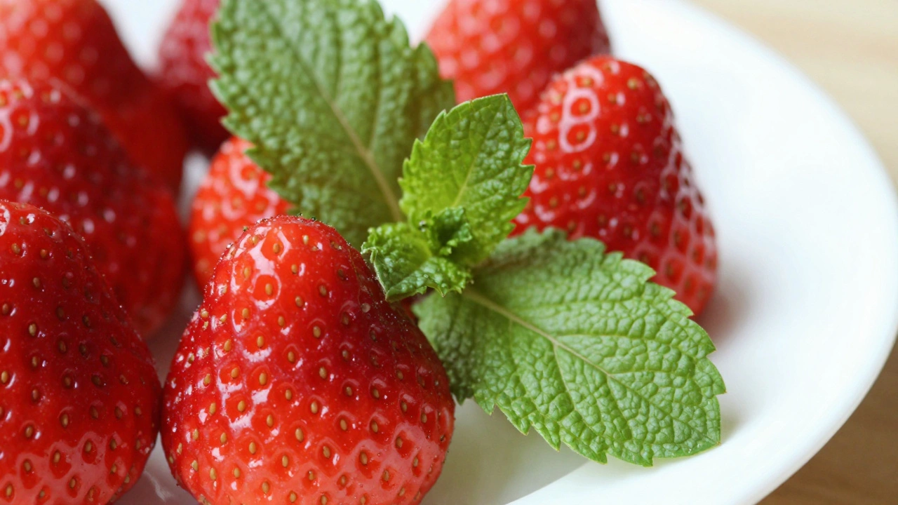Red strawberries with green mint garnish