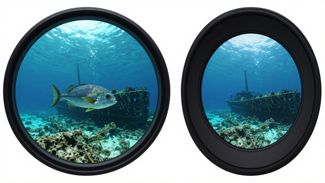 Side-by-side comparison of fisheye distortion and rectilinear straight lines underwater.