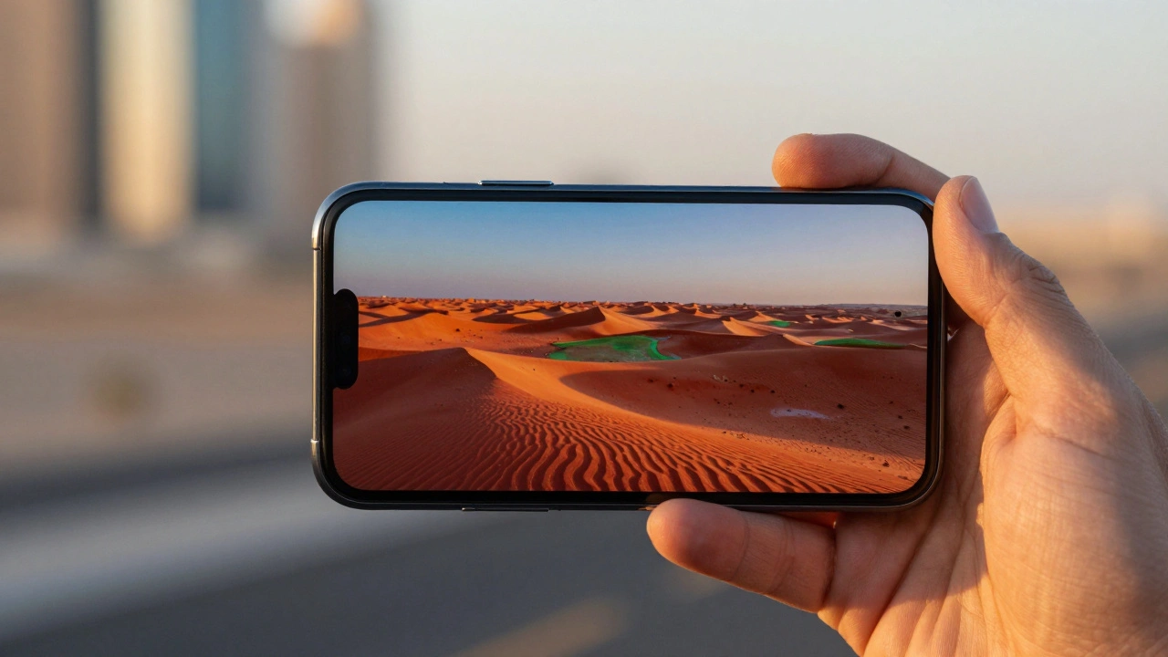 Smartphone displaying vibrant DCI-P3 colors in a Dubai sunset scene