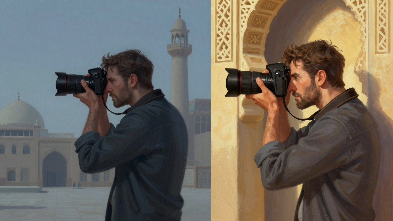 Split image showing photographer adapting to lens constraints