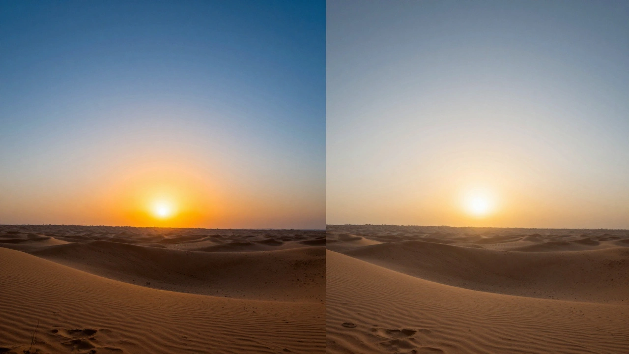 Split screen comparing a sharp sunset photo versus a hazy, dirty one.