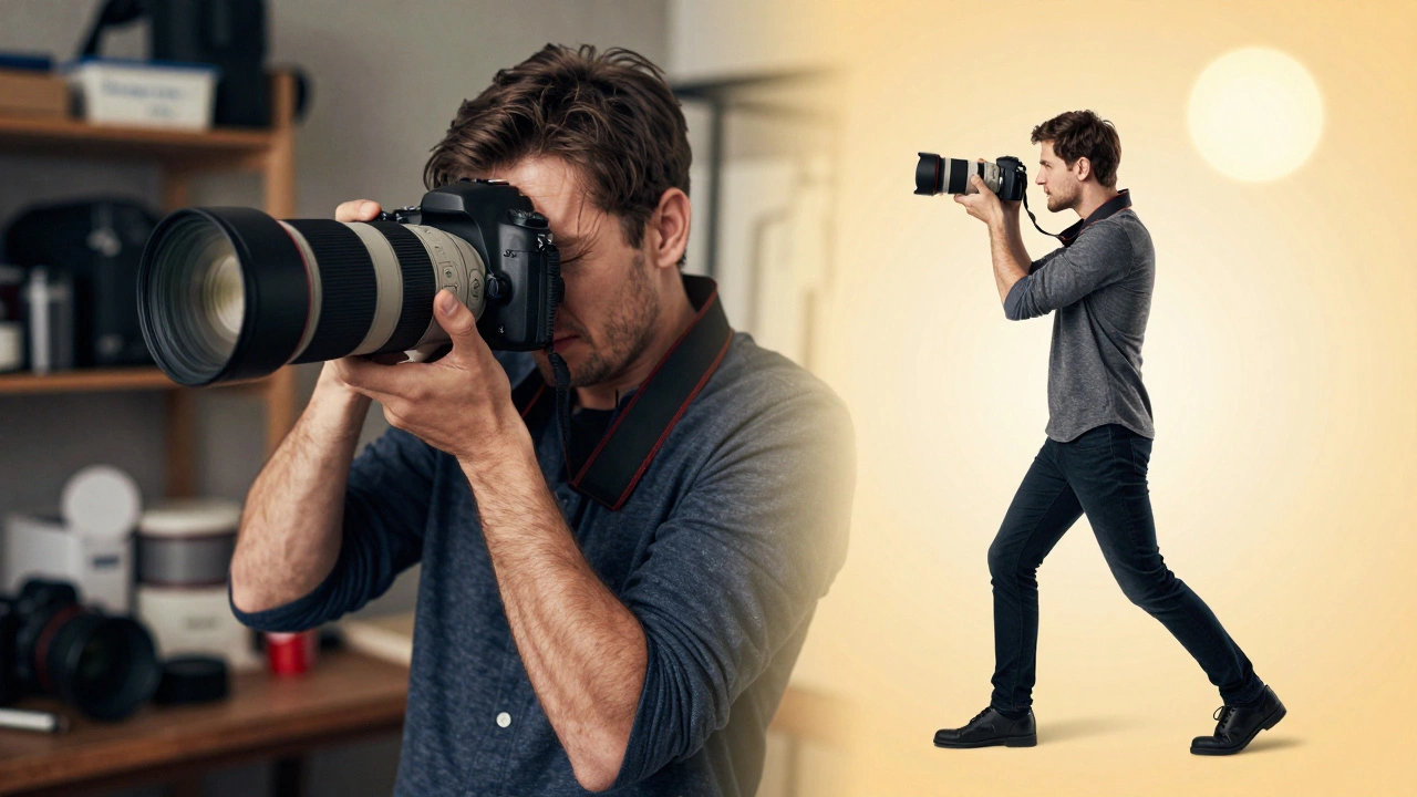 Split view comparing heavy zoom lens strain vs prime lens freedom