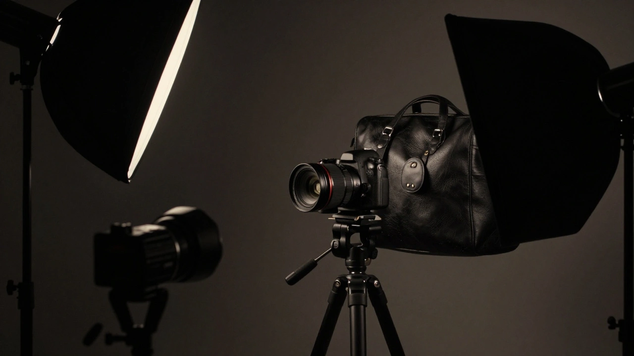 Studio setup with camera and lighting modifiers for low-key product shots