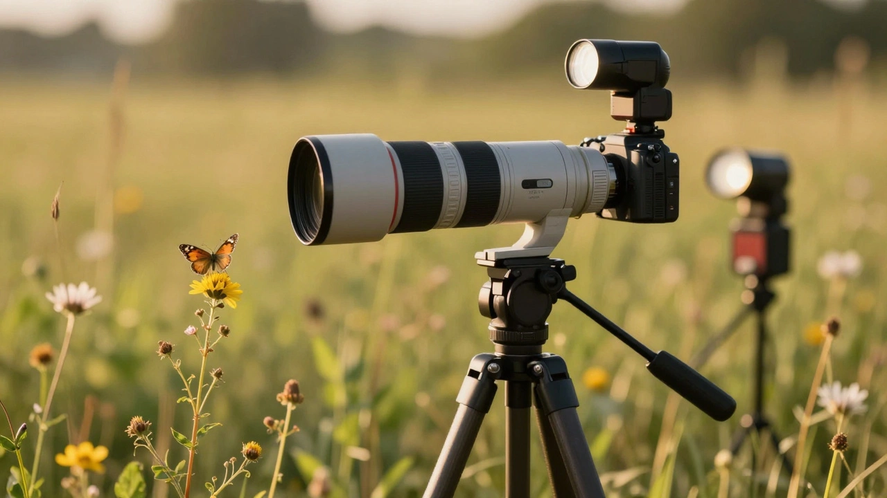 Telephoto macro lens photographing a butterfly from a safe distance