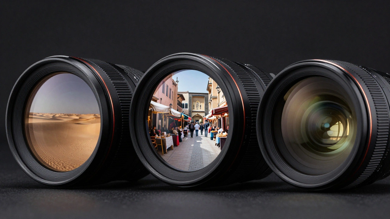 Three travel camera lenses: wide, standard, and telephoto