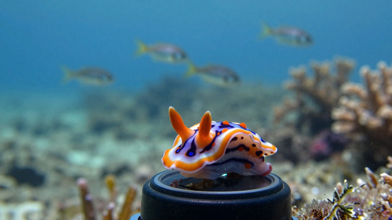 Tiny nudibranch in sharp foreground against a blurred expansive seascape.