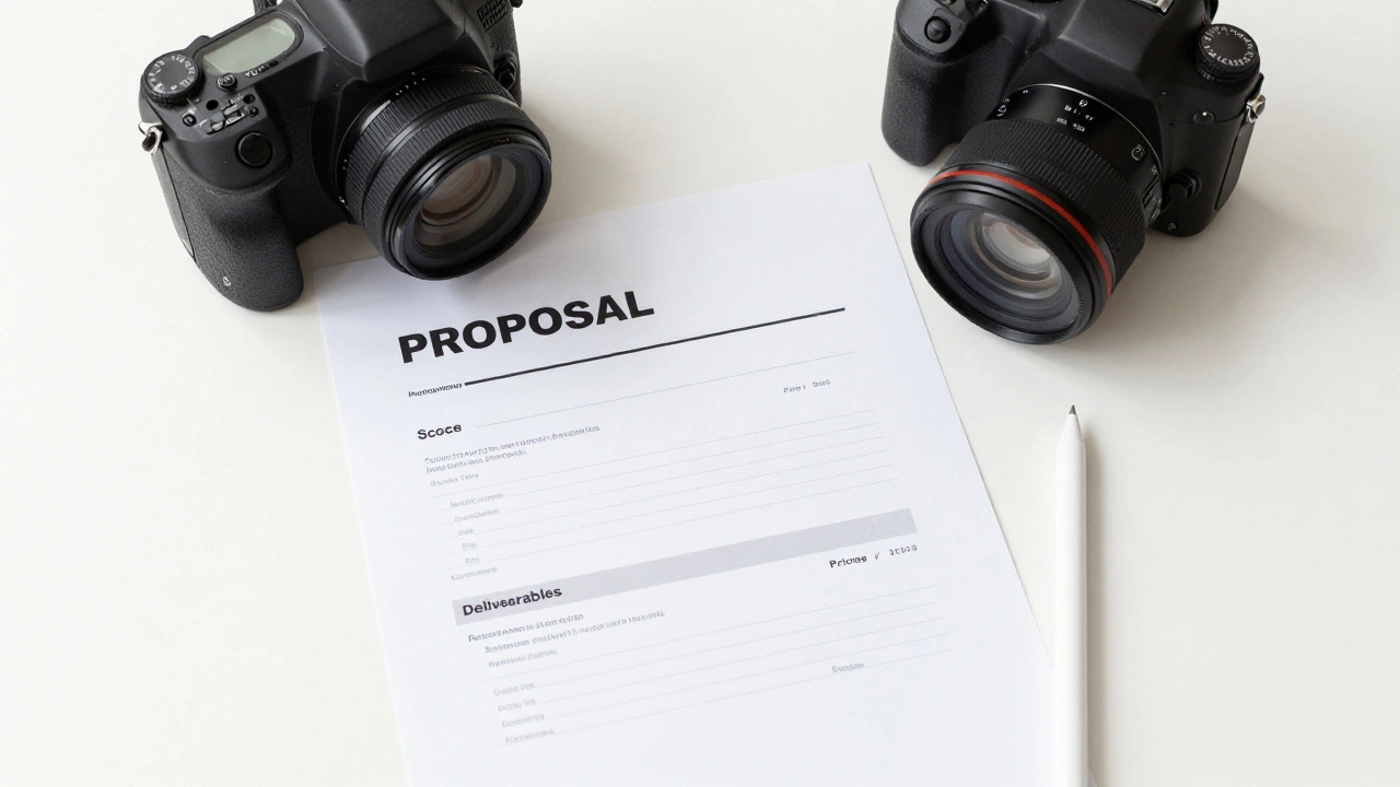 Top-down view of photography proposal document with camera gear